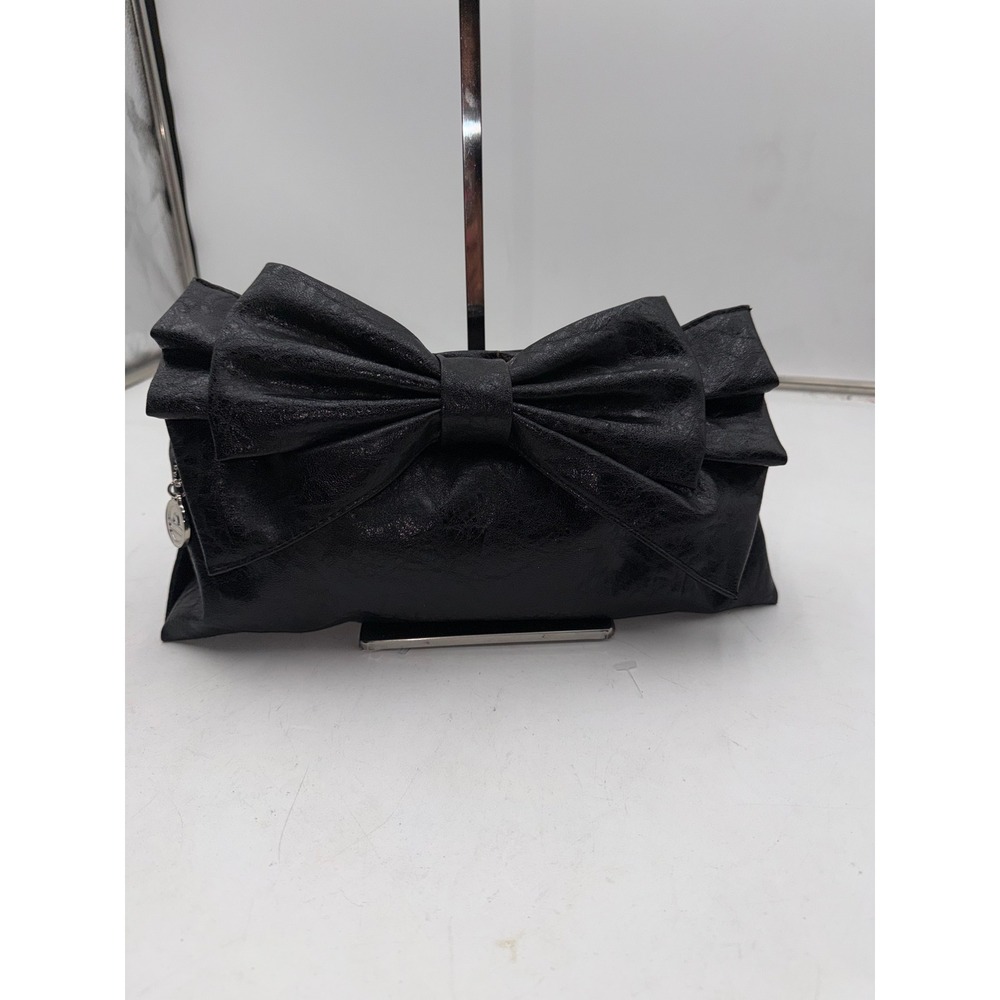 Big Buddha Black Faux Leather Oversized Bow Clutch Evening Bag Logo Charm